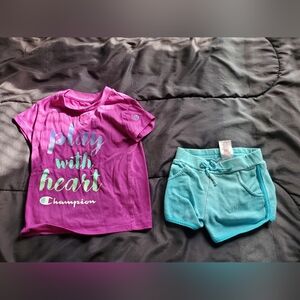 girl 4 champion tee with turquoise shorts